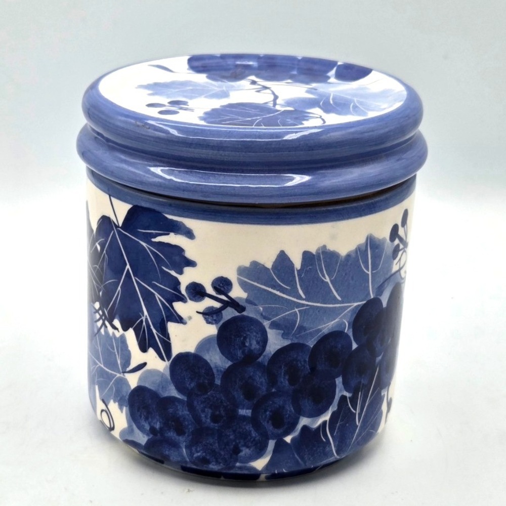 Ceramic Canister Blue‎ White DESIGN PAC Hand Painted Grapevine Cottage Core